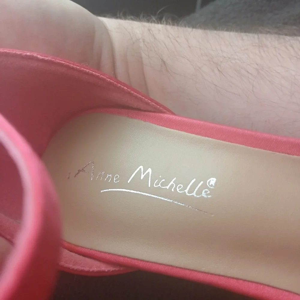 Anne Michelle Stiletto Sandals 8.5 Pink Rhinestone Bow Square Toe Barbiecore